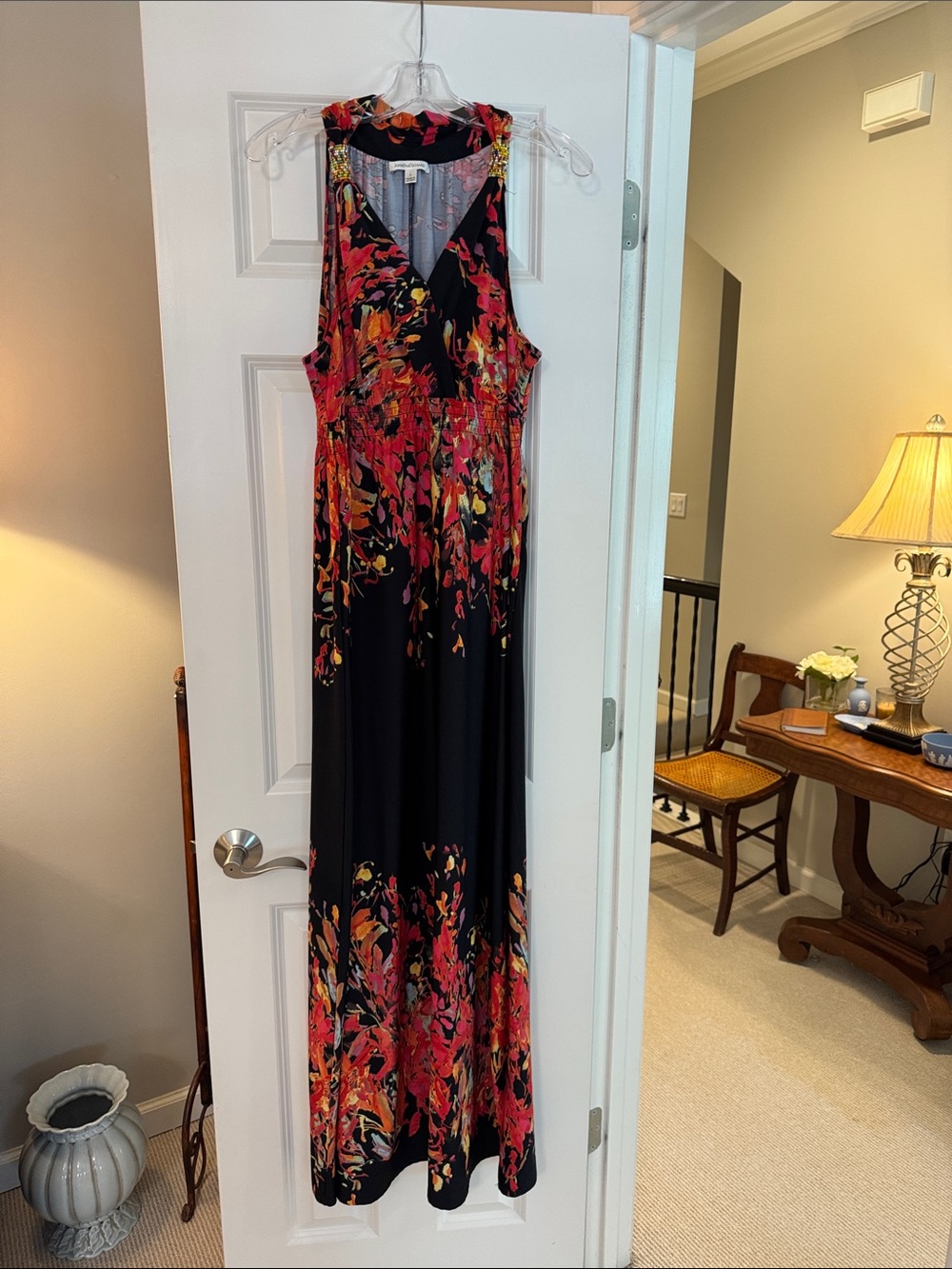 JohnPaulRichard Black Maxi Dress with Red and Orange Floral Print
